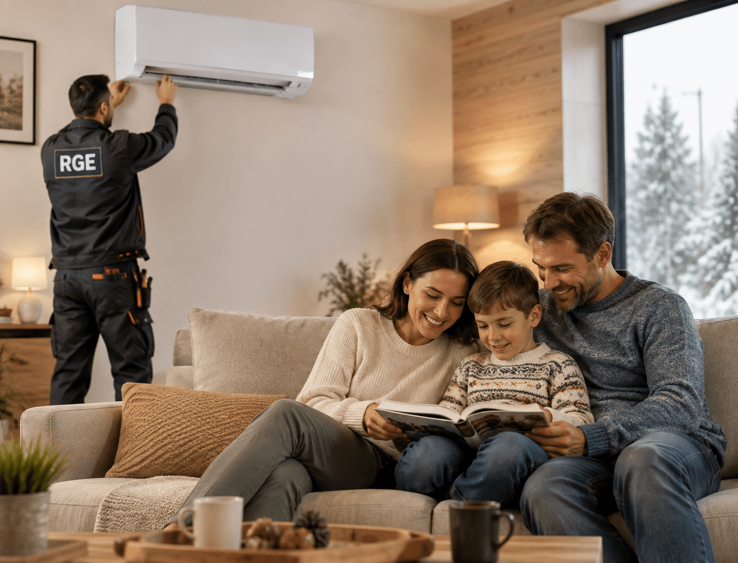 Artisan RGE installant une unité murale de climatisation réversible dans un salon moderne, avec une famille satisfaite profitant d’un intérieur chaleureux.