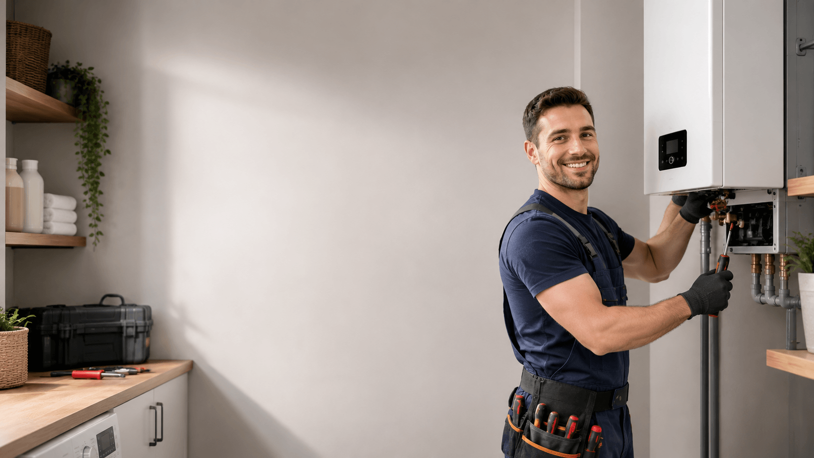 Technicien qualifié installant une chaudière électrique, vidéo de présentation