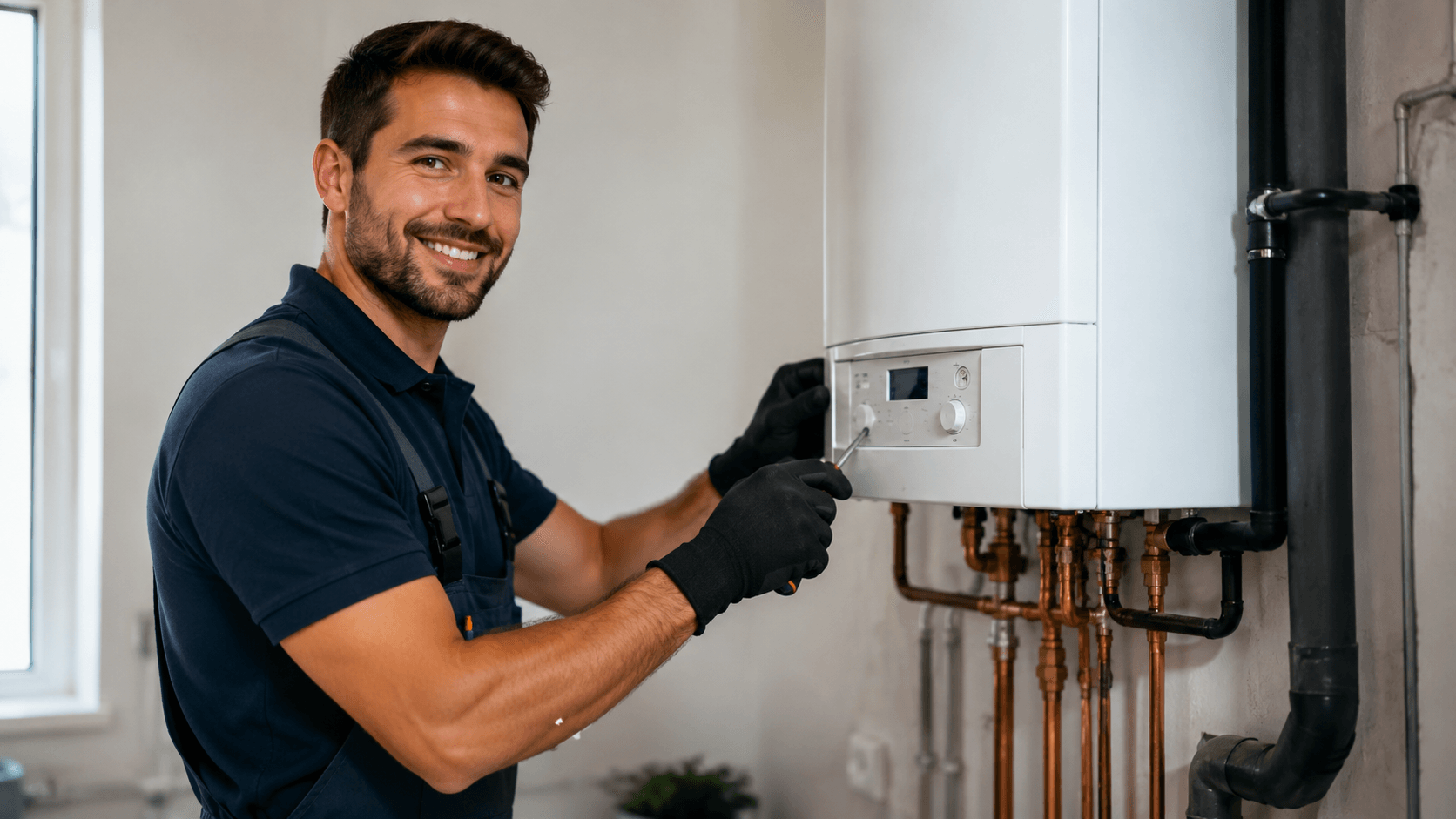 Technicien qualifié installant une chaudière gaz, vidéo de présentation