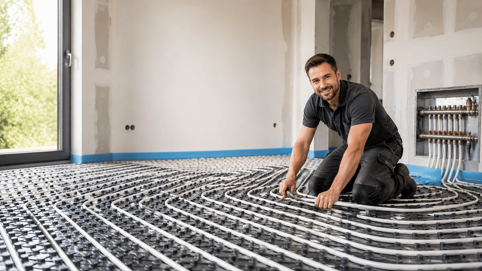Technicien installant un chauffage au sol, vidéo de présentation