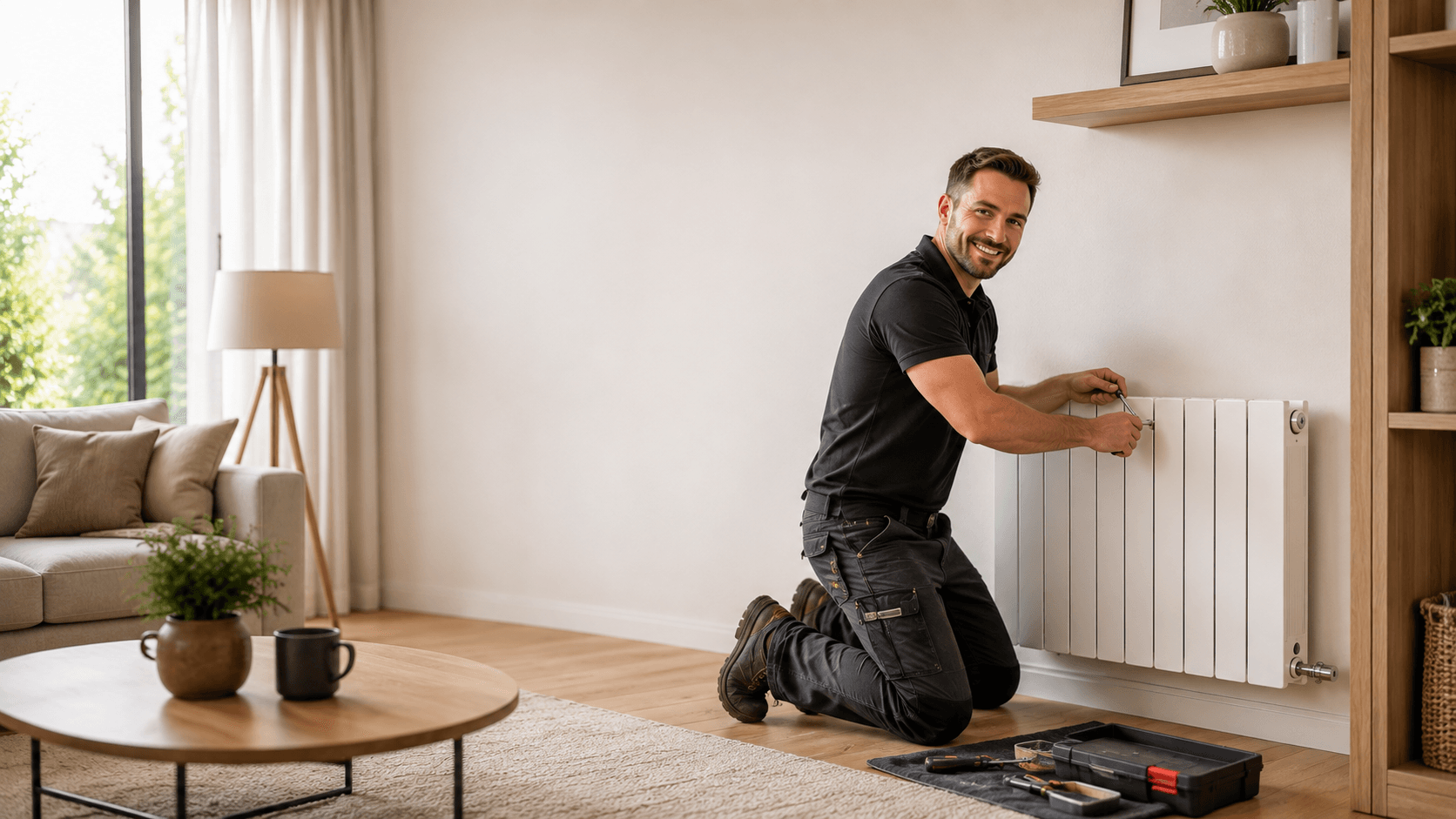 Technicien installant un radiateur moderne, vidéo de présentation