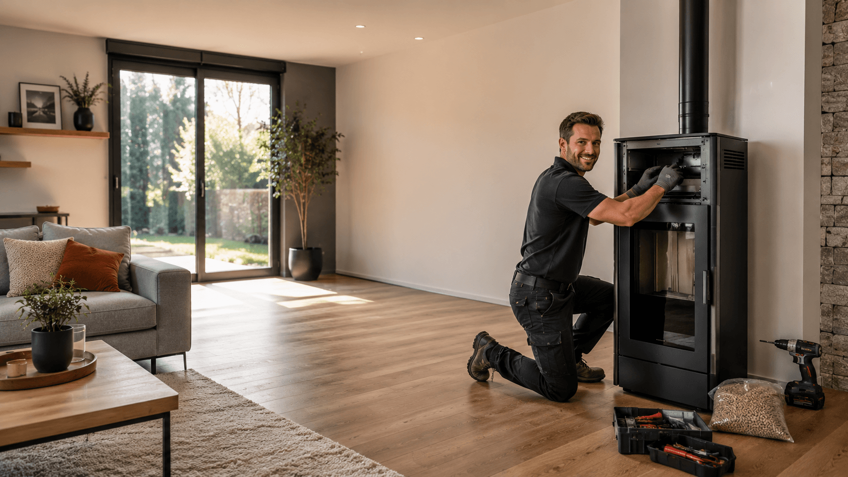 Technicien installant un poêle à granulés, vidéo de présentation