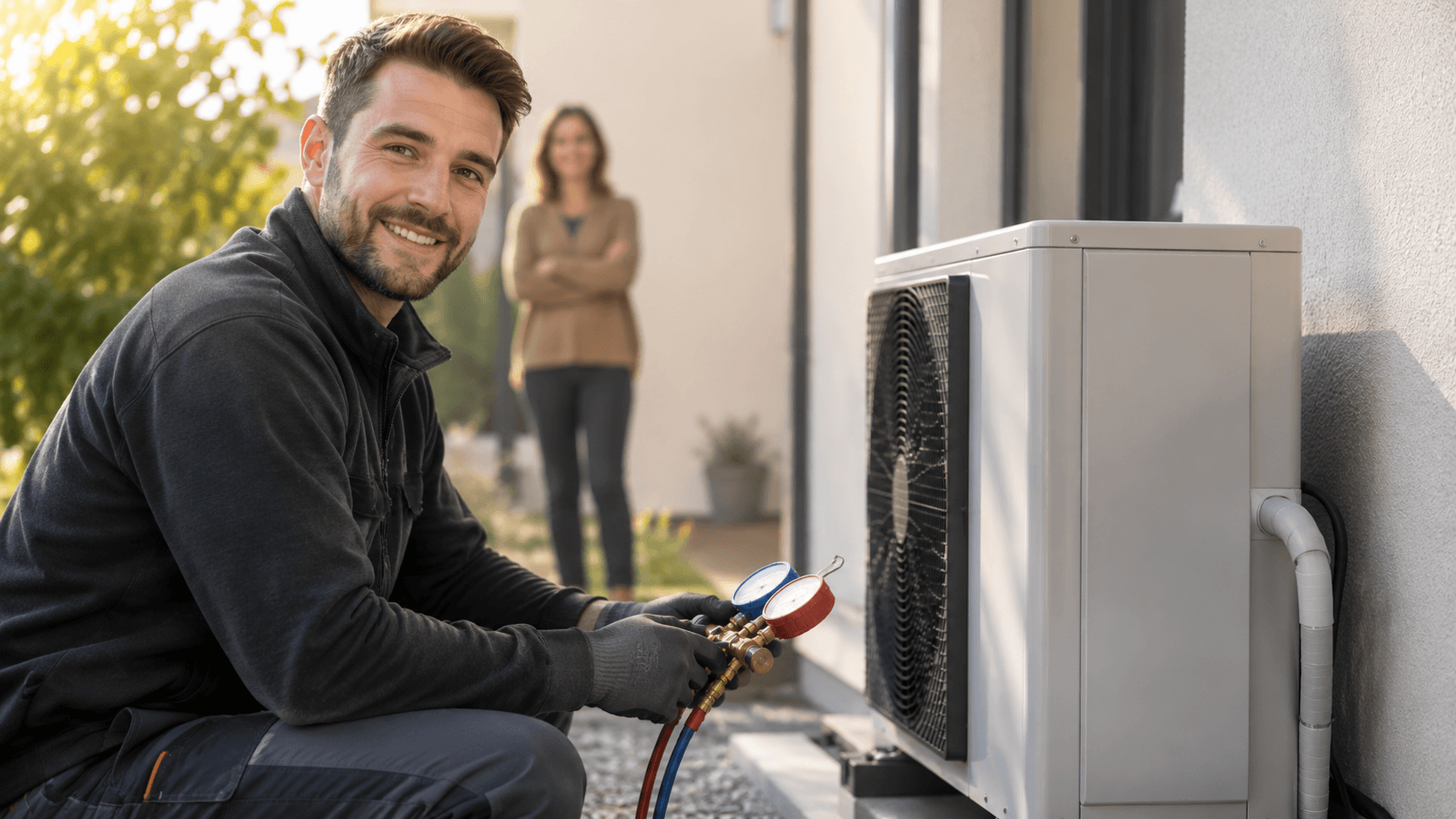 Technicien RGE installant une pompe à chaleur air-eau, vidéo de présentation