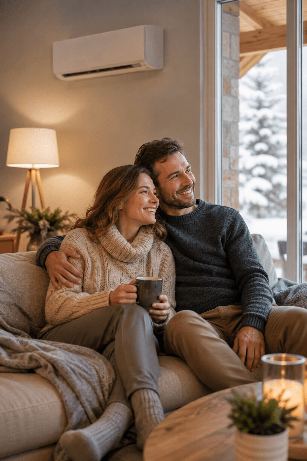 Couple souriant profitant d’un salon confortable et chaleureux en hiver, avec une climatisation réversible moderne visible au mur.