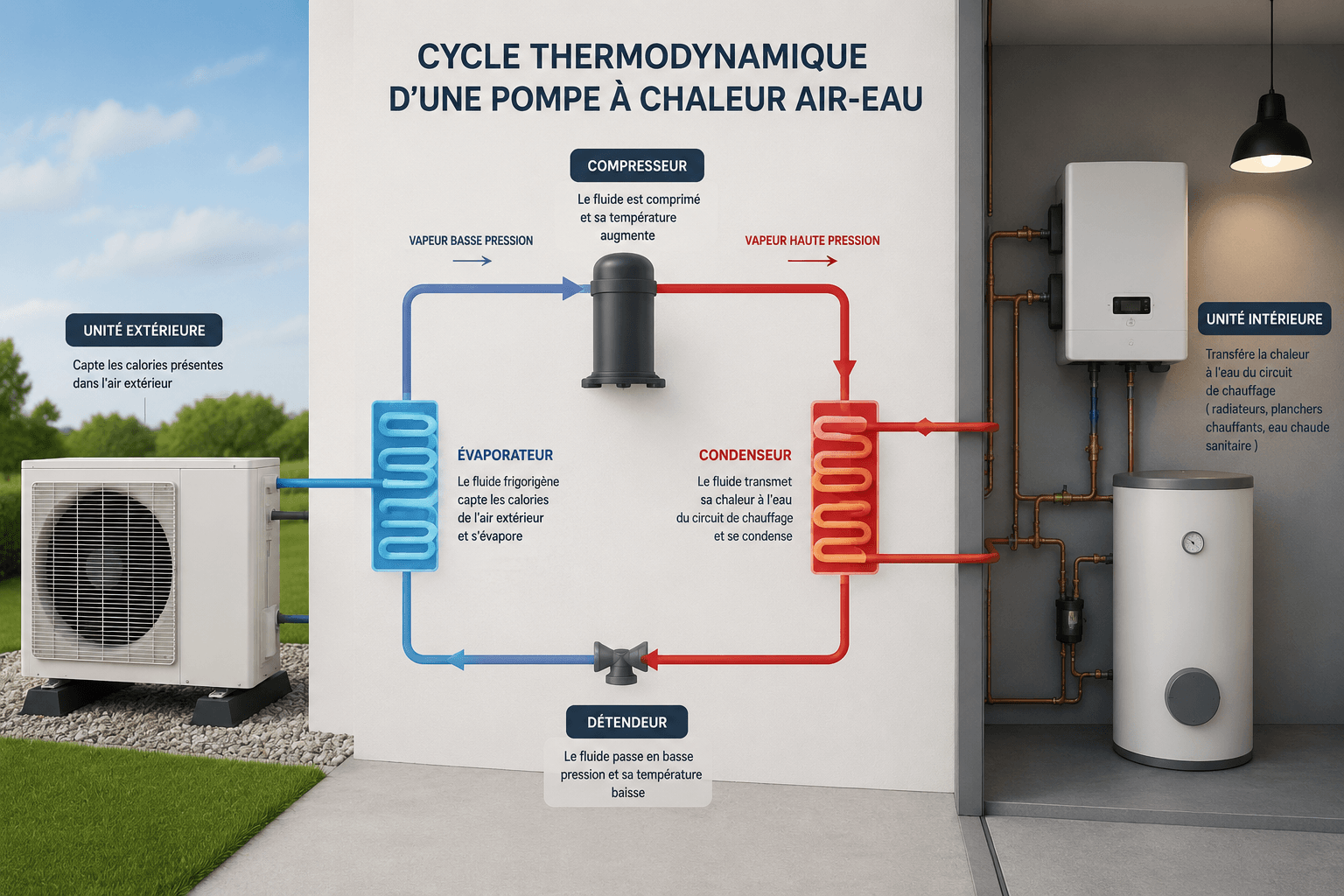 Schéma de fonctionnement d'une pompe à chaleur air-eau : unité extérieure et intérieure