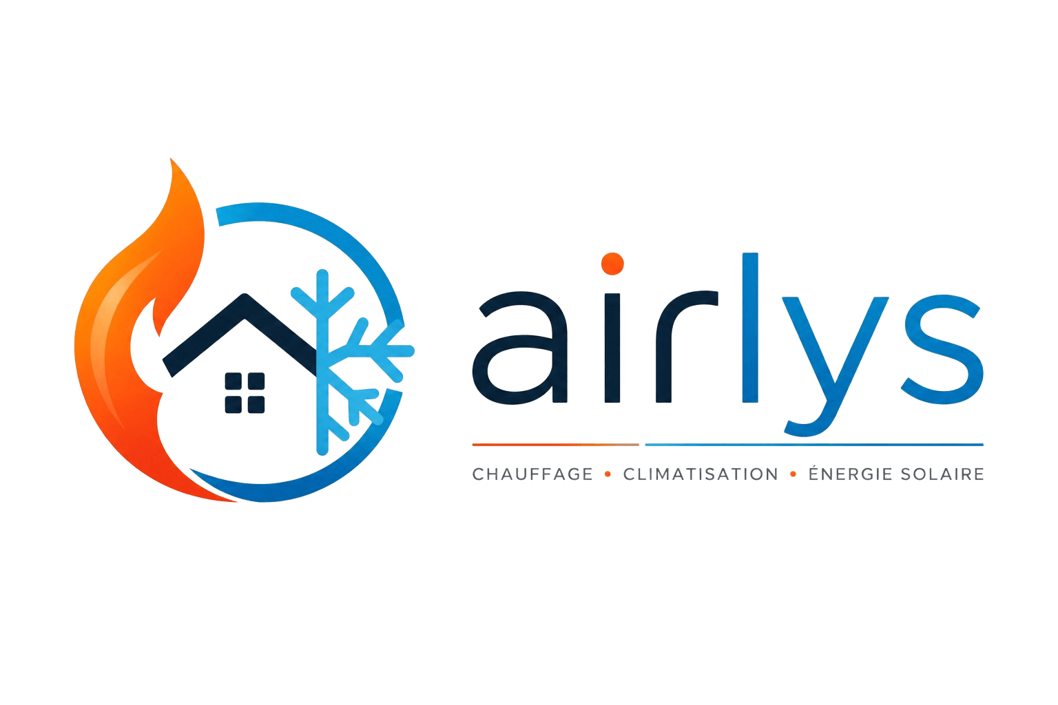 Logo de l'entreprise airlys illustrant une maison entourée d'une flamme et d'un flocon de neige, avec le slogan "Chauffage • Climatisation • Énergie Solaire" en dessous.