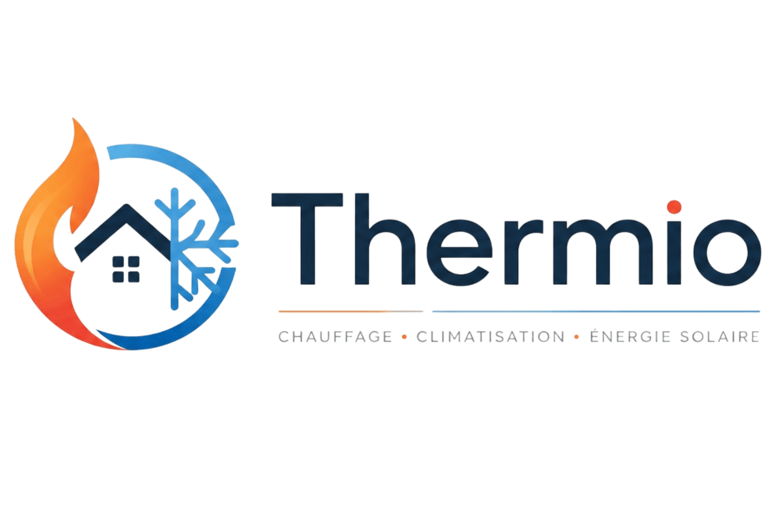 Logo de l'entreprise Thermio illustrant une maison entourée d'une flamme et d'un flocon de neige, avec le slogan "Chauffage • Climatisation • Énergie Solaire" en dessous.