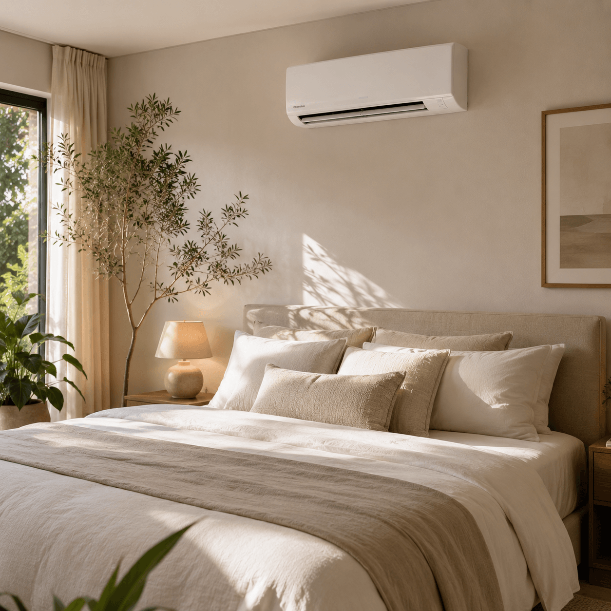 Pompe à chaleur air-air installée dans une chambre confortable