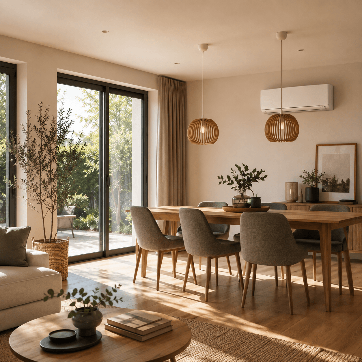 Pompe à chaleur air-air installée dans une pièce de vie ou salle à manger