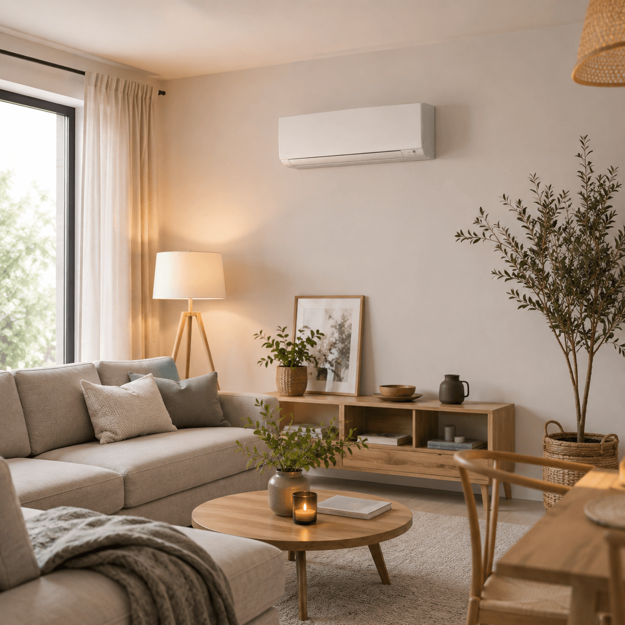 Pompe à chaleur air-air installée dans un séjour moderne et lumineux