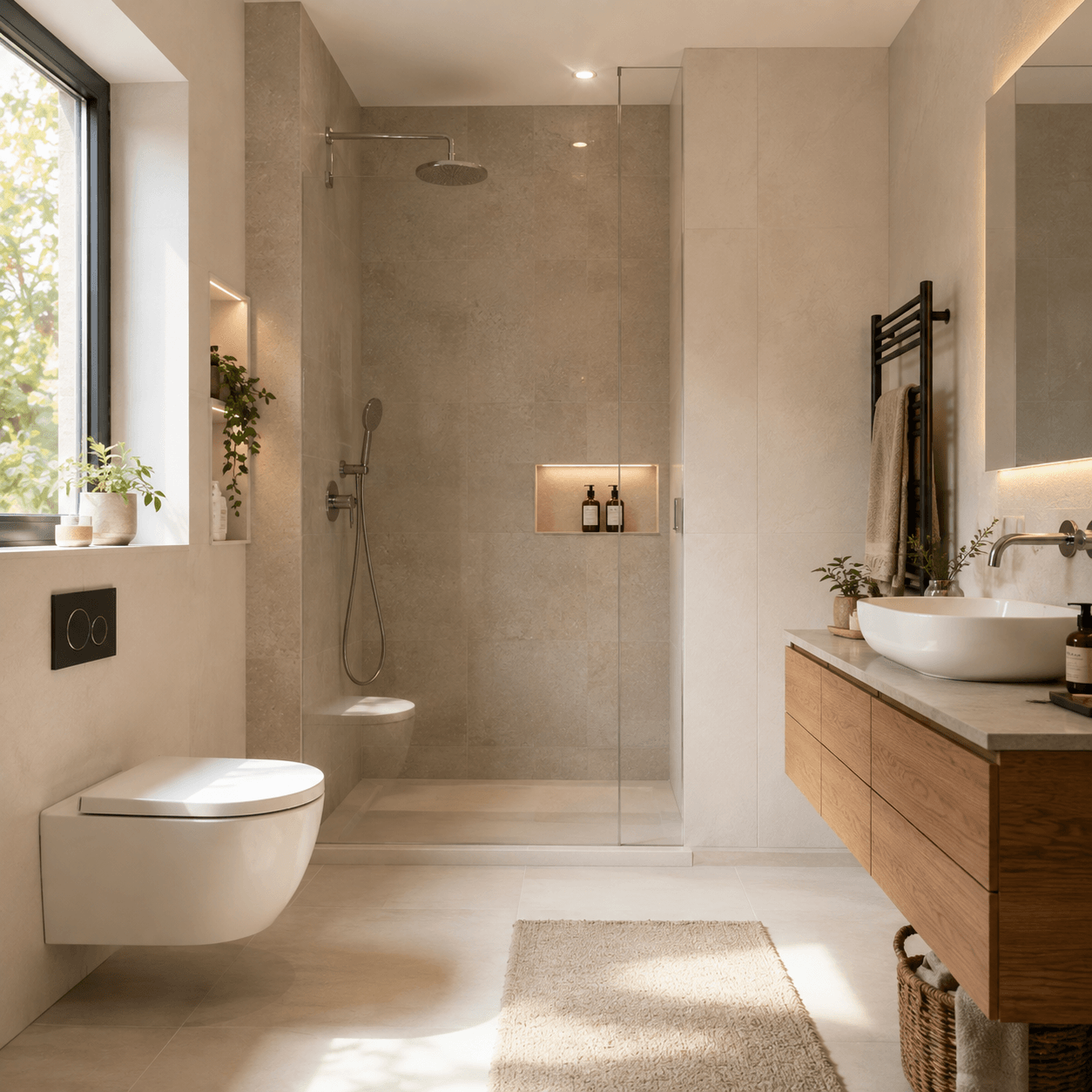 Salle de bain alimentée en eau chaude sanitaire par une pompe à chaleur air-eau