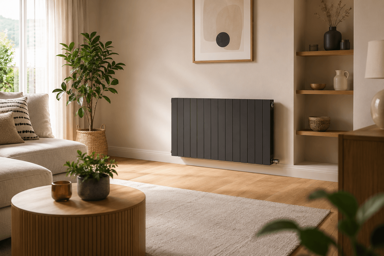 Radiateur design moderne installé dans un salon chaleureux
