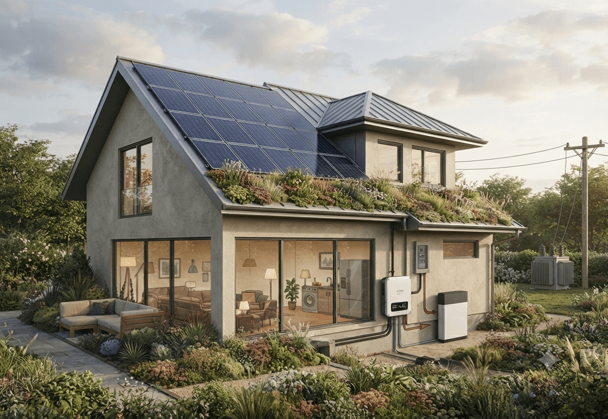 Schéma illustrant le principe de l'autoconsommation solaire : les panneaux photovoltaïques produisent de l'électricité via un onduleur, consommée directement dans le logement ou injectée en surplus sur le réseau
