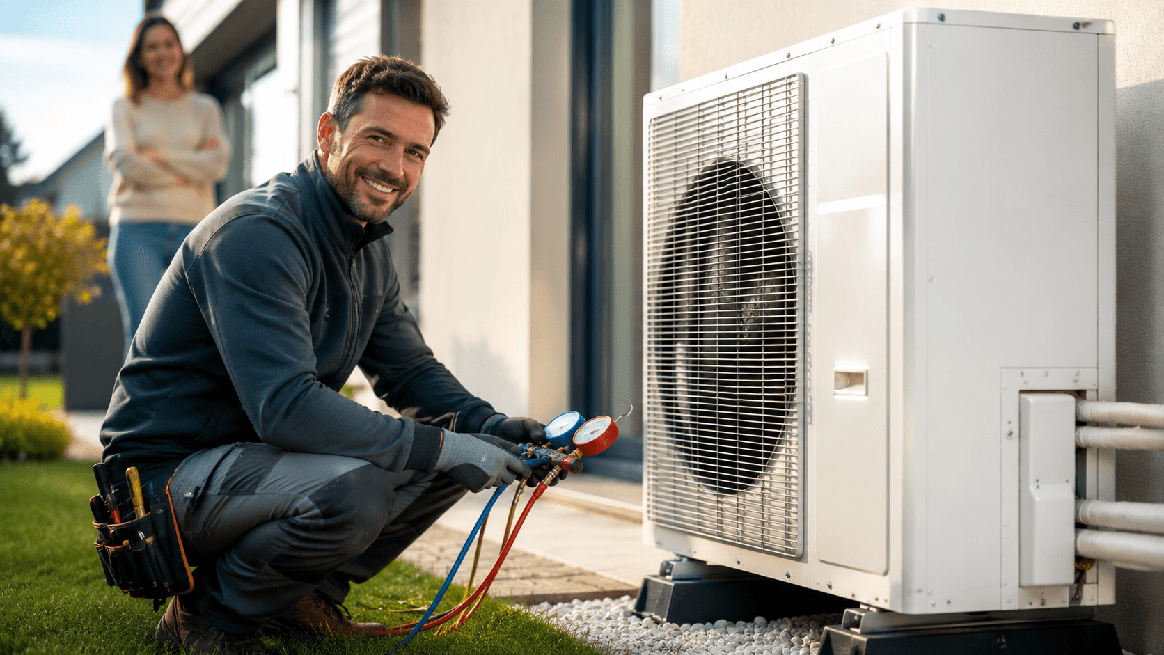 Technicien certifié RGE contrôlant une pompe à chaleur extérieure avec des outils de mesure, avec un propriétaire en arrière-plan.