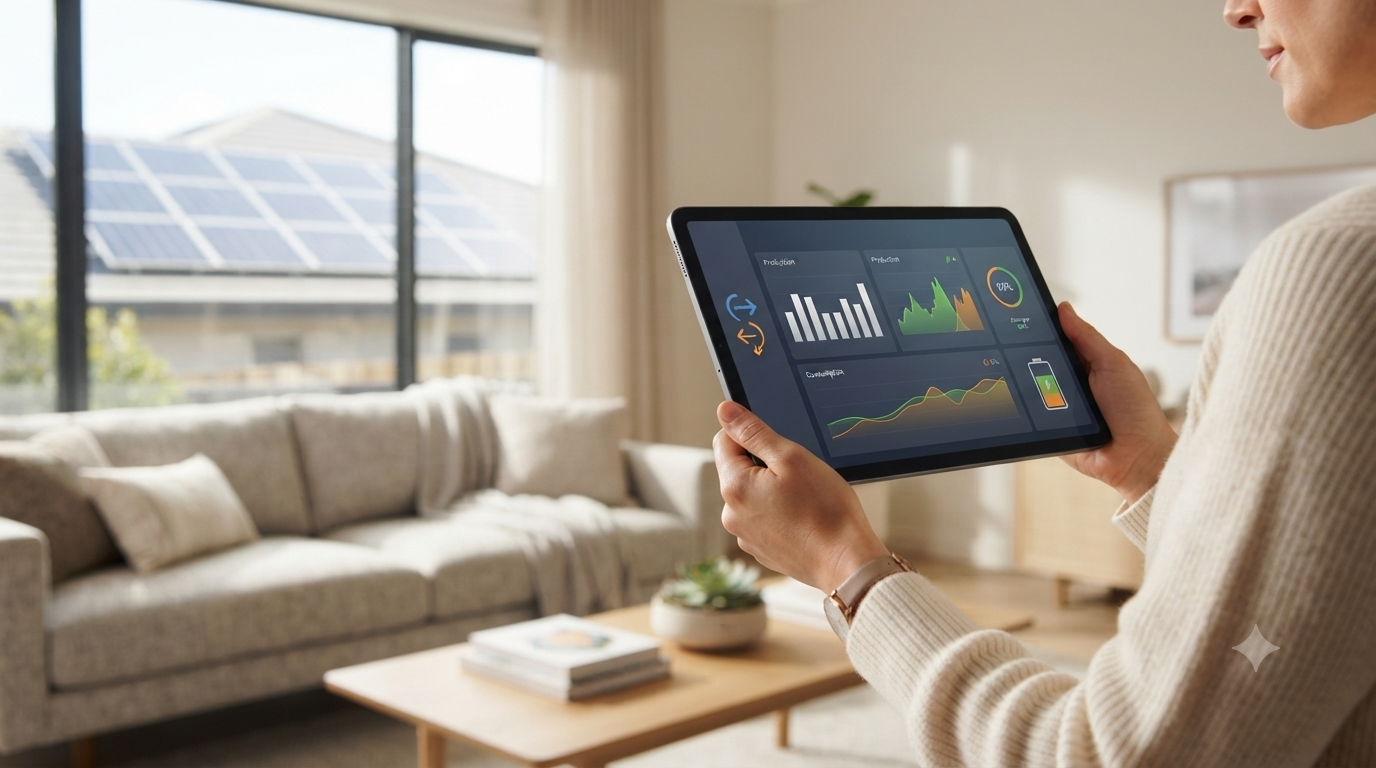 Une personne tenant une tablette affichant un tableau de bord détaillé de suivi de production et consommation d'énergie solaire, avec des graphiques et des jauges, dans un salon lumineux donnant sur des panneaux solaires en arrière-plan.
