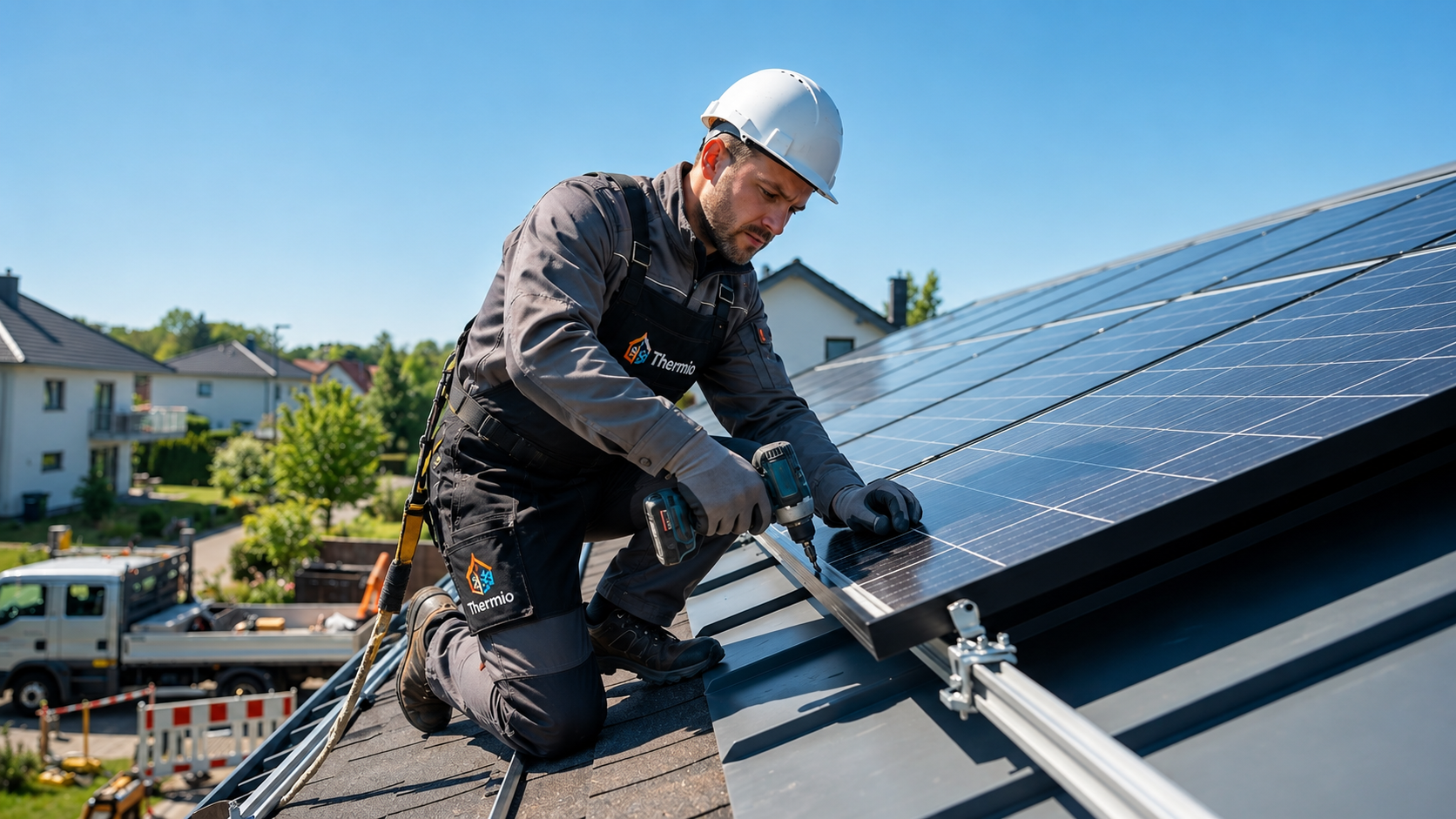 Un technicien Thermio portant un tablier avec le logo de l'entreprise installe des panneaux solaires sur le toit d'une maison à l'aide d'une perceuse lors d'une intervention en énergie solaire.